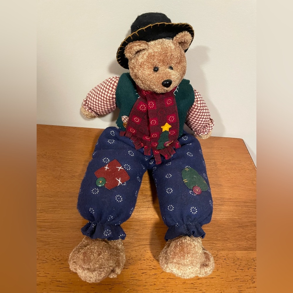 Vintage Stuffed Bear with Sand Bottom Patches Buttons Hat Vest Stitched 20" Tall